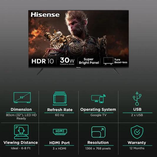 Hisense E43N 81.28 cm (32 inch) HD Ready LED Smart Google TV with Dolby Audio