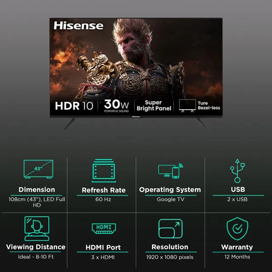 Hisense E43N 109.22 cm (43 inch) Full HD LED Smart Google TV with Dolby Audio
