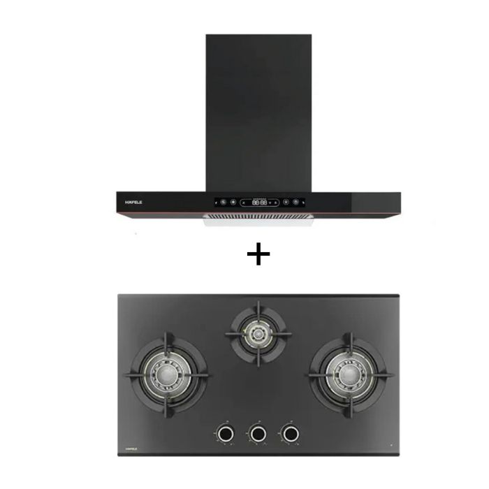 Hafele Renata T-90 90cm Wall Mounted Chimney with Auto Clean & Hafele 78 cm 3 Burner Hob Vortex Series VORTEX 378
