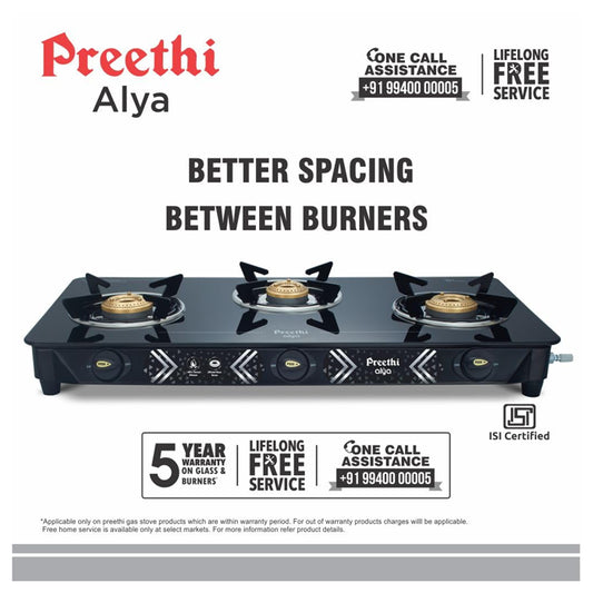 Preethi Alya Glass Top 3 Burner Gas Stove